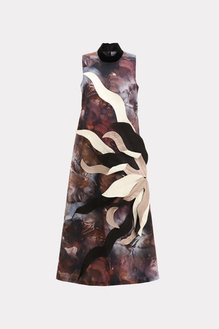 High Neck Sleeveless Dress Abstract Print Brown