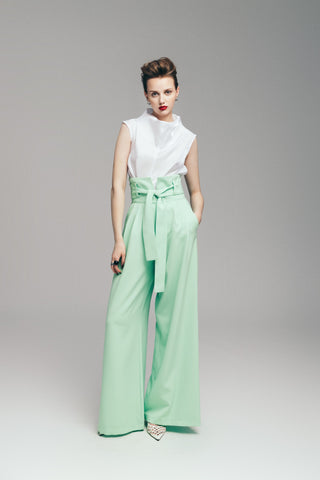 High Waist Long Wide Leg Trousers Mint Green