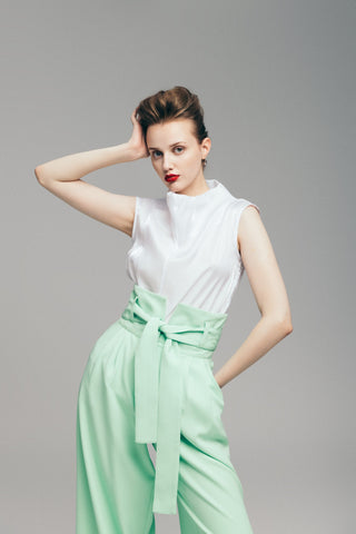 High Waist Long Wide Leg Trousers Mint Green