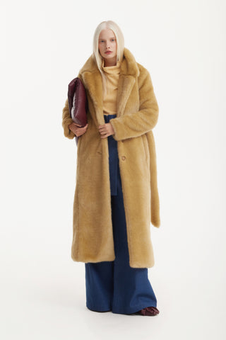 Demi-Season Solid Faux Fur Coat Warm Beige