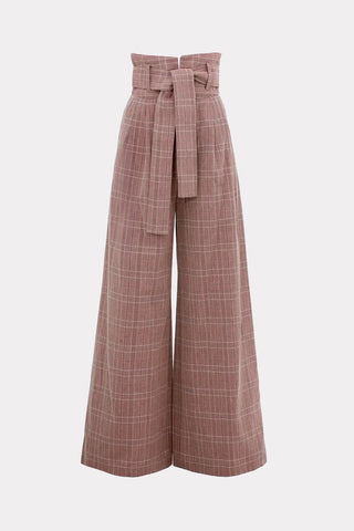 High Waist Long Wide Leg Trousers Warm Taupe With White Grid