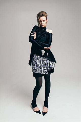 Draped Shoulder Long-Sleeve Blouse Black