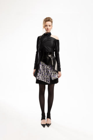 Draped Shoulder Long-Sleeve Blouse Black