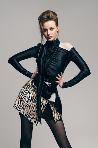 Draped Shoulder Long-Sleeve Blouse Black