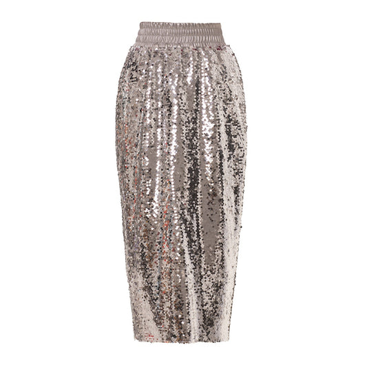 Sequin Midi Pencil Skirt Silver