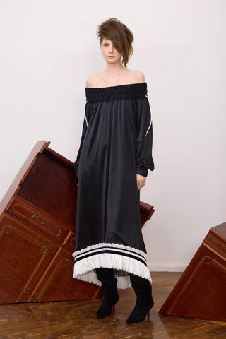Knit Bare Shoulder Midi Dress Asymmetric Hem Black