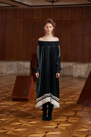 Knit Bare Shoulder Midi Dress Asymmetric Hem Black