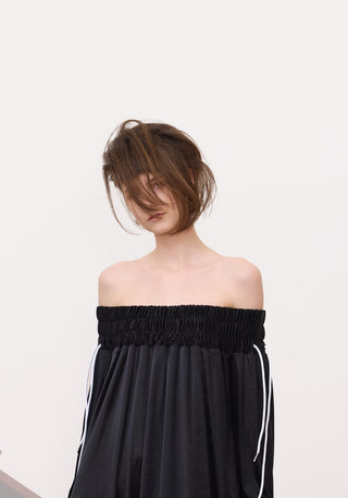Knit Bare Shoulder Midi Dress Asymmetric Hem Black