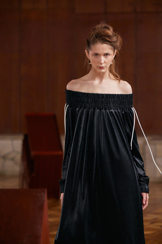Knit Bare Shoulder Midi Dress Asymmetric Hem Black