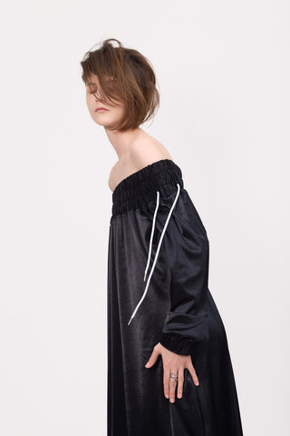 Knit Bare Shoulder Midi Dress Asymmetric Hem Black