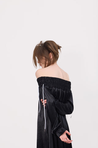 Knit Bare Shoulder Midi Dress Asymmetric Hem Black