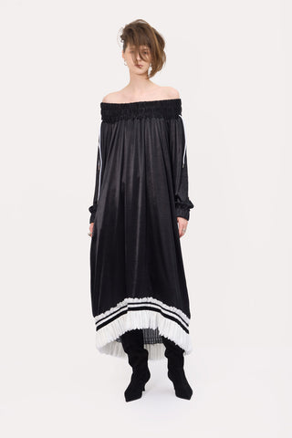 Knit Bare Shoulder Midi Dress Asymmetric Hem Black