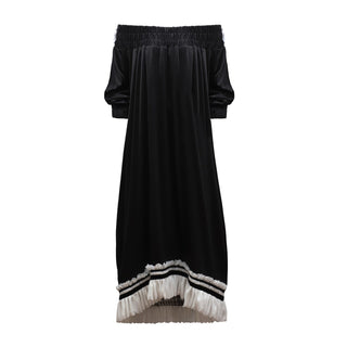 Knit Bare Shoulder Midi Dress Asymmetric Hem Black
