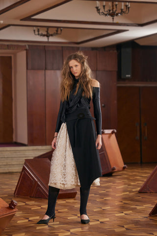 Draped Shoulder Long-Sleeve Blouse Black