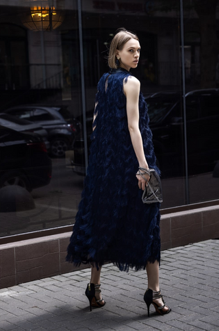 Long Evening Gown A-Line Fringe Dress Blue