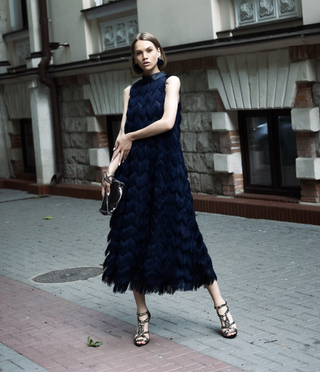 Long Evening Gown A-Line Fringe Dress Blue