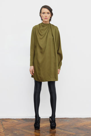 Loose-Fit Mini Dress With Draped Neckline Satin Olive