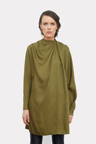 Loose-Fit Mini Dress With Draped Neckline Satin Olive