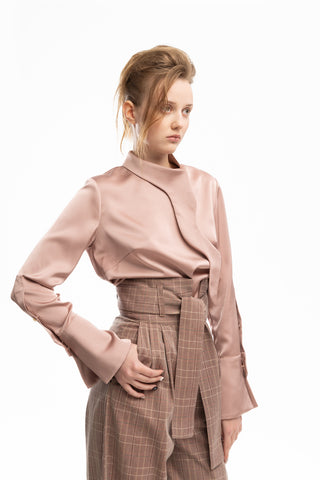 High Waist Long Wide Leg Trousers Warm Taupe With White Grid