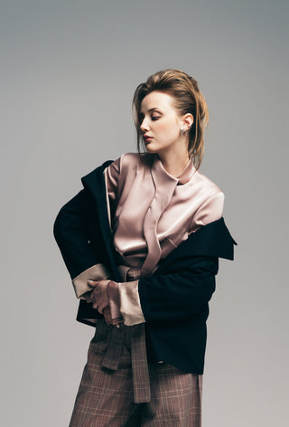 High Waist Long Wide Leg Trousers Warm Taupe With White Grid