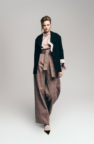 High Waist Long Wide Leg Trousers Warm Taupe With White Grid