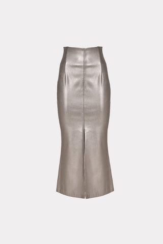 Mermaid Faux Leather Midi Skirt With Slit - Silver
