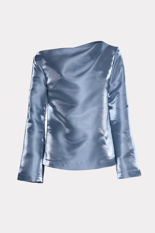 Modern Boat Neck Blouse With Gentle Sheen Metallic Blue