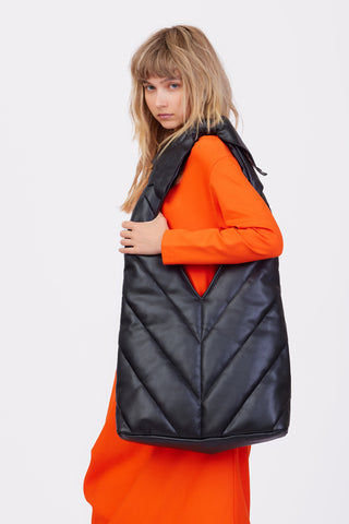Modern Quilted Faux Leather Tote Bag Black