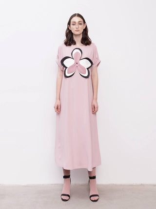 Silky Touch Midi Pale Pink Dress With Handmade Floral Appliqué