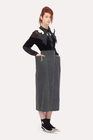 Pinstripe Midi Skirt With Front Slit Black
