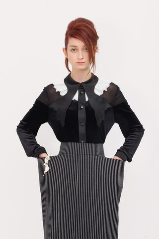 Pinstripe Midi Skirt With Front Slit Black