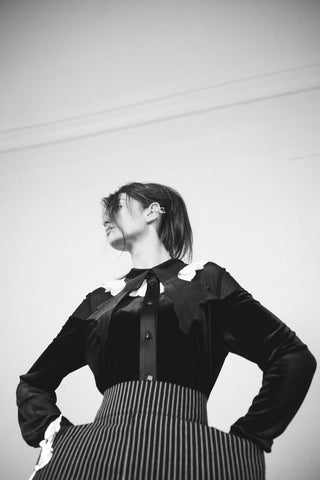 Pinstripe Midi Skirt With Front Slit Black