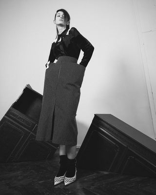 Pinstripe Midi Skirt With Front Slit Black