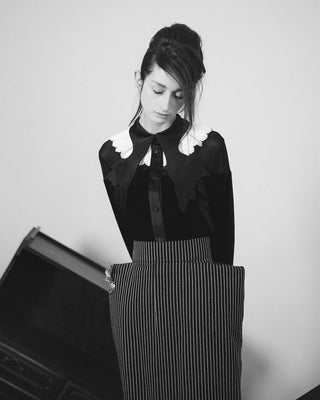 Pinstripe Midi Skirt With Front Slit Black