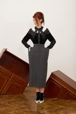 Pinstripe Midi Skirt With Front Slit Black