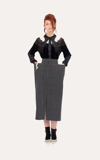 Pinstripe Midi Skirt With Front Slit Black