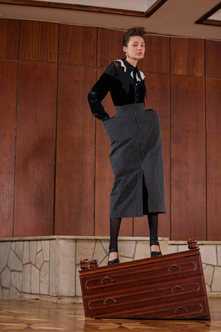 Pinstripe Midi Skirt With Front Slit Black
