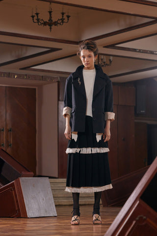 Pleated A-Line Skirt With Fringe Detail Black
