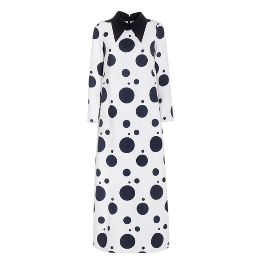 Polka Dot Dress With Stand Collar White