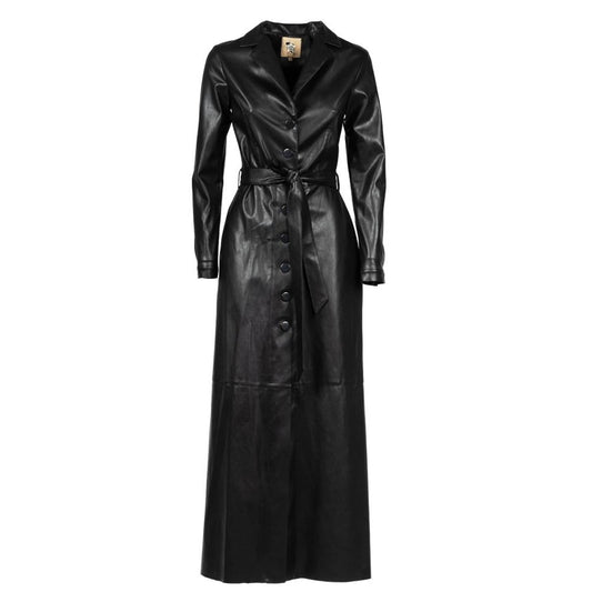 Black Long Button-Up Eco-Leather Trench
