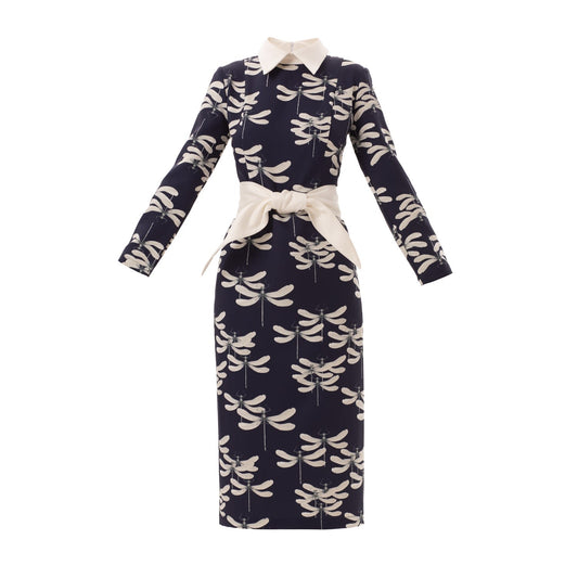 Blue Designer Fitted Dress With Dragonfly Print