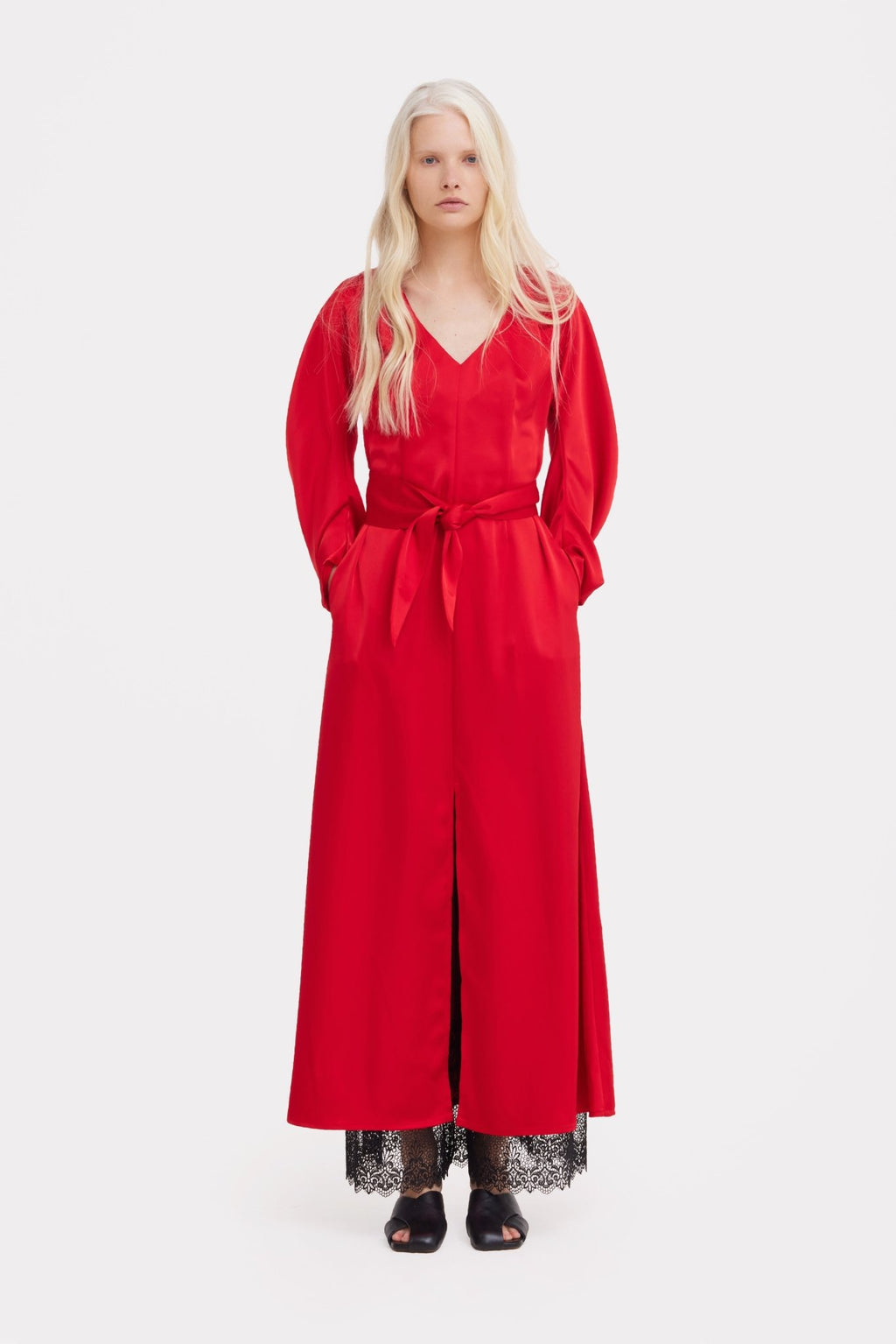 Satin Ankle-Length Dress With Belt - Red