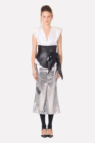 Mermaid Faux Leather Midi Skirt With Slit - Silver