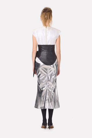 Mermaid Faux Leather Midi Skirt With Slit - Silver