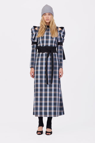 Stylish Cold Shoulder Long Sleeve Dress With Belt Blue Check