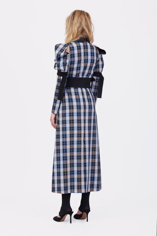 Stylish Cold Shoulder Long Sleeve Dress With Belt Blue Check