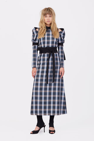 Stylish Cold Shoulder Long Sleeve Dress With Belt Blue Check