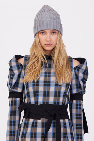 Stylish Cold Shoulder Long Sleeve Dress With Belt Blue Check