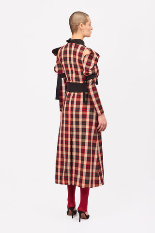 Stylish Cold Shoulder Long Sleeve Dress With Belt Red Check