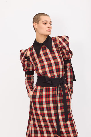 Stylish Cold Shoulder Long Sleeve Dress With Belt Red Check